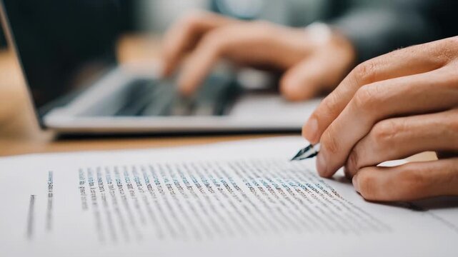 Close medium shot of hands typing and editing a customized grant agreement draft on a laptop showcasing precise legal document preparation.