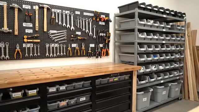 Clean and Tidy Garage Workspace with Organized Tools.