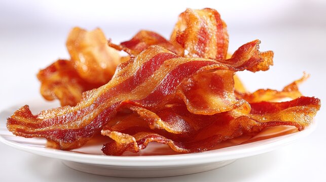Crispy cooked strips of streaky pork bacon piled high on a simple white plate