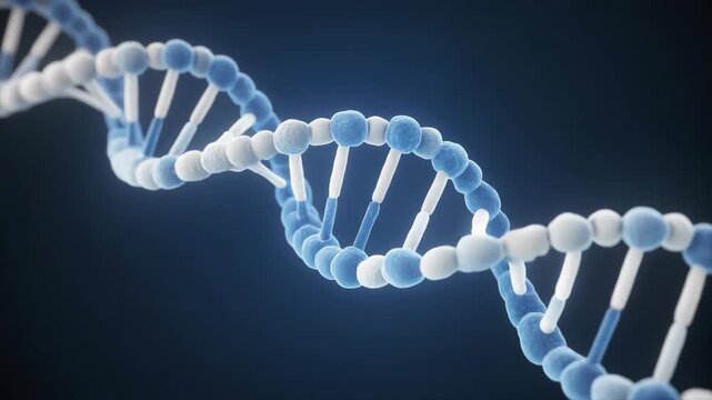 A close-up 3D rendering of a DNA double helix structure twisting in a dark blue environment, referencing dna-6.mp4
