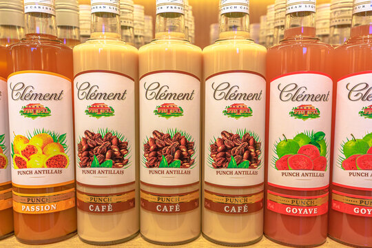 Martinique, French Antilles - Dec 23, 2025: Clement rum liqueurs, a specialty from Martinique, creating various flavored punches like passion fruit, coffee, and guava