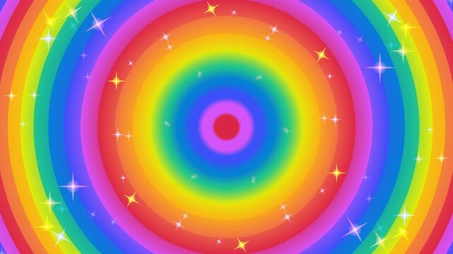 Vibrant rainbow colors radiate outward from the center in concentric circles with sparkling stars and a bright red focal point illustration