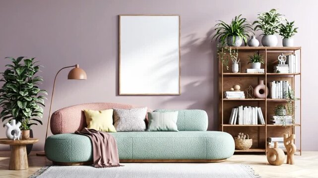 Video: A slow pan across a stylish living room featuring a mint green and pink sofa, a blank picture frame, and modern shelving.