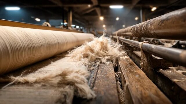 Medium shot of industrial hemp fibers being processed into durable biodegradable textile for environmentally friendly uniforms