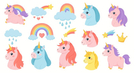 Fototapeta premium Cute Unicorn Vector Set with Rainbows, Clouds, and Magic Elements. Cartoon Pastel Fairytale Pony Collection for Kids' Design, Stickers, and Decoration.