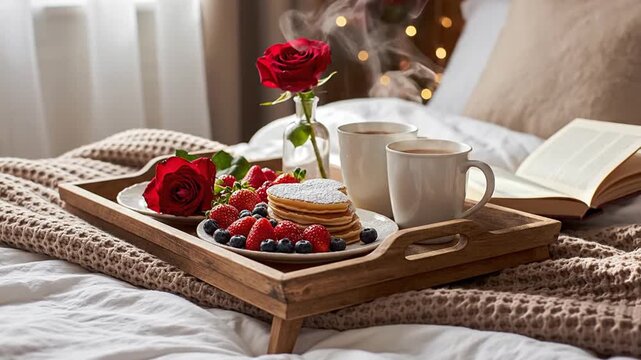 Cozy Breakfast in Bed with Flowers.