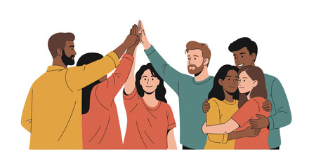 Diverse Group Teamwork and Success Celebration. Multicultural friends giving high-five and hugging. Flat vector illustration on white.