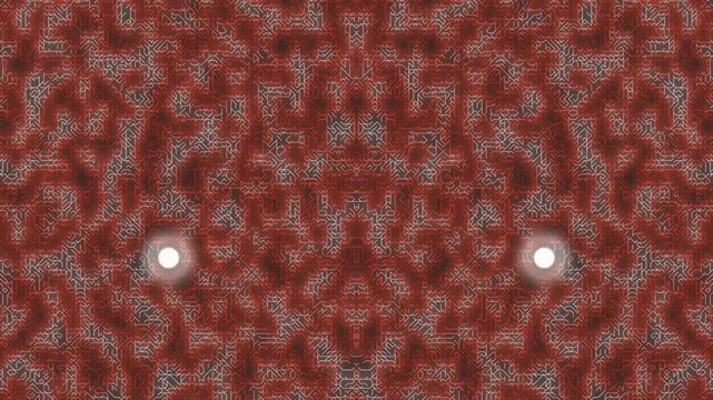 Two luminous orbs amidst intricate red and blue pattern from a frontal viewpoint