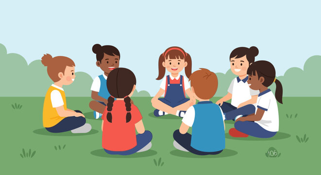 Diverse Group of Happy Children Sitting in a Circle on Grass, Playing Games and Learning Outdoors - Flat Vector Illustration.