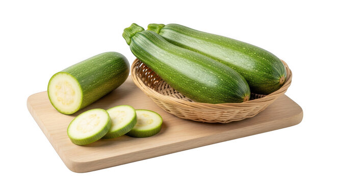 Fresh green zucchinis on a wooden cutting board with sliced pieces isolated on transparent background