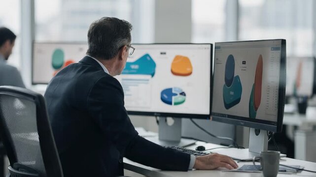 Daytime backoffice scene with a manager closely inspecting staffing data on several monitors while the rest of the room remains out of focus.