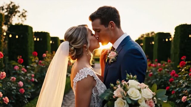 Newlyweds Kissing in Beautiful Rose Garden Pathway During Golden Sunset, Bride and Groom Celebrating Love and Marriage