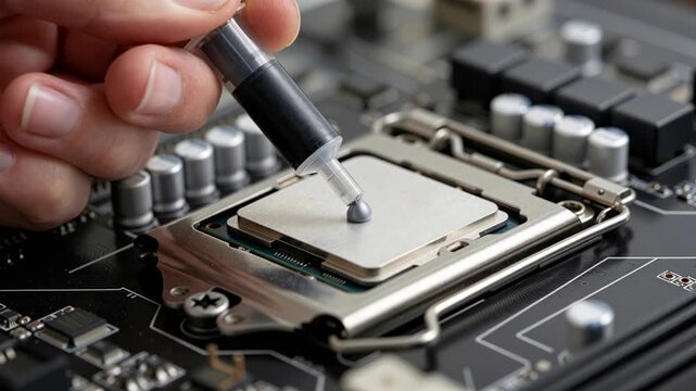 close up of person applying thermal paste on computer cpu mounted on motherboard before installing cooling system for optimal heat transfer