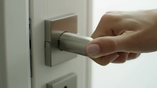 Womans Hand Turning a Modern Silver Door Handle to Open a Door.