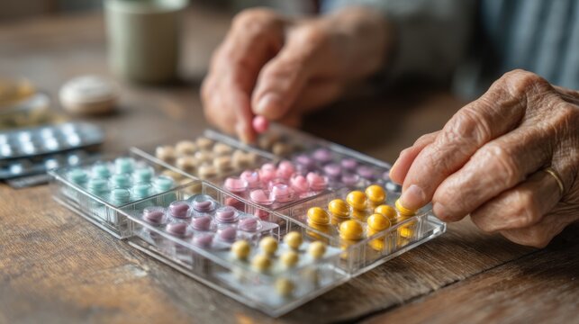 Elderly hands selecting colorful pills from a tray on a wooden surface