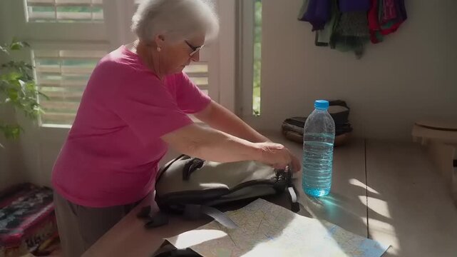 Active senior woman packing her backpack for a journey at home.