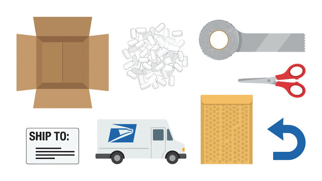 E-commerce Packaging & Shipping Supplies Set: Box, Tape, Mailer, Delivery Truck, Label, Return Icon Vector