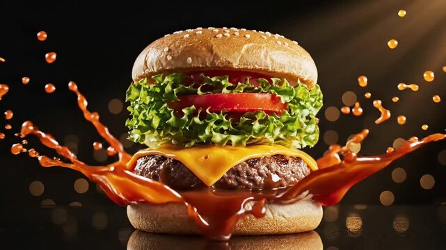 Delicious Gourmet Burger with Melting Cheese and Fresh Toppings.