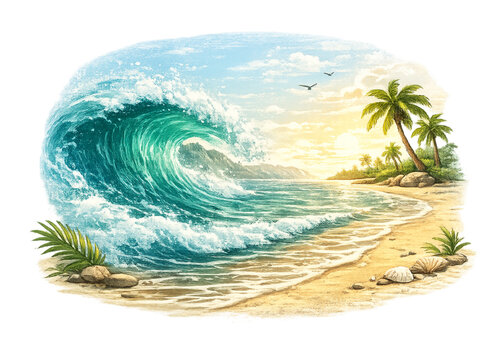 tropical beach with curling wave, tropical ocean paradise, curling wave at sunset, crystal clear turquoise water, sandy beach shoreline, summer surf vibe, palm tree coastal scene, vibrant tropical sea