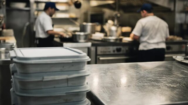 Focused view of compost containers stacked neatly near a stainless steel prep table blurred staff working in the restaurant kitchen background.