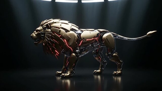 A futuristic robotic lion with metallic and red cybernetic components standing in a dark room with a spotlight shining down.