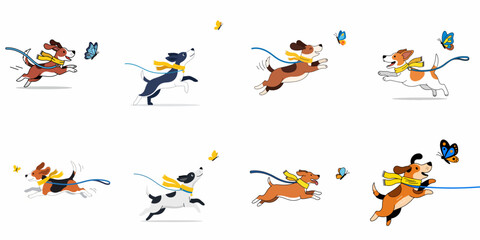 Obraz premium Eight cheerful cartoon dogs happily running and jumping to catch colorful butterflies while wearing yellow scarves and leashes, isolated on white.