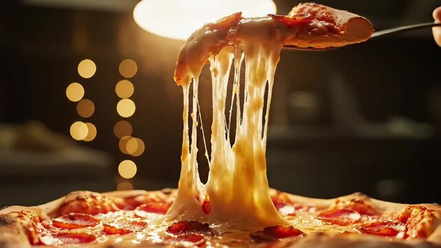Delicious Pizza Slice with Stretchy Cheese Pull.
