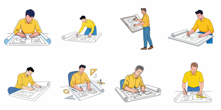 Set of illustrations showing an architect or engineer designing a construction plan, working on blueprints, technical drawings, and floor plans.