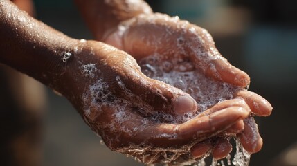 Fototapeta premium Hands washing with soap bubbles transparent background hygiene concept