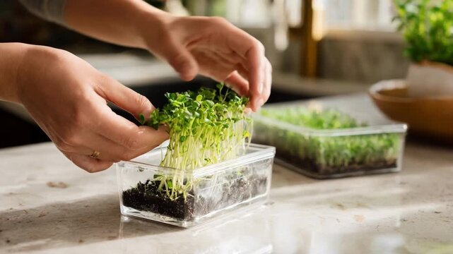 Hands planting vibrant pea shoot seeds in compact DIY home microgreen kit on sunny kitchen counter.