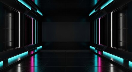Futuristic Dark Corridor With Neon Lights And A Screen In The Distance
