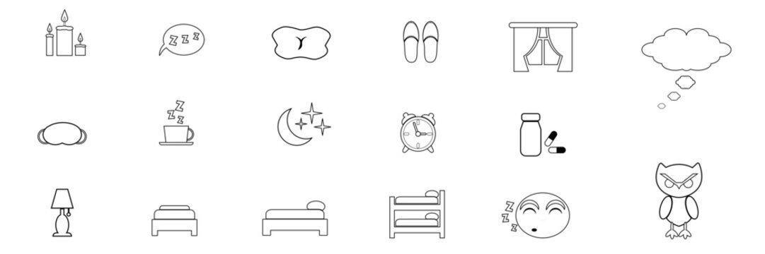 Conjunto de iconos de sue&ntilde;o, dormir y noche: almohada, cama, b&uacute;ho, reloj, velas, taza, velador, ventana, pantuflas y luna con estrella. Ilustraci&oacute;n Vectorial en blanco y negro con estilo minimalista.	