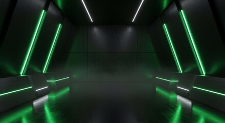 Futuristic Dark Corridor With Neon Green And White LED Lights Reflecting On Wet Floor