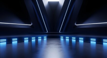 Futuristic Dark Hallway With Blue Neon Lights And Geometric Architecture With Dramatic Lighting