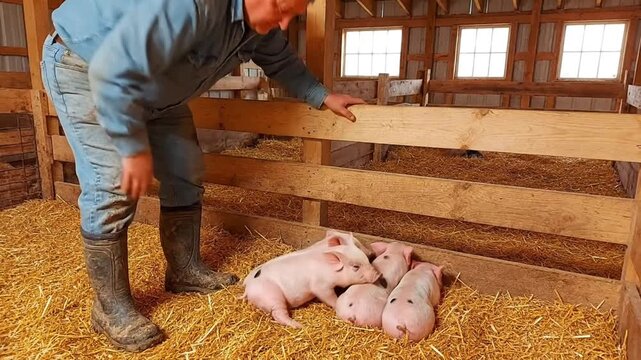 Farmer Checking Piglets in Pen Livestock Care