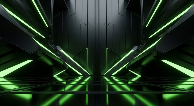 Futuristic Dark Hallway With Neon Green Light Accents And Reflective Floor