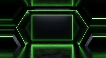 Futuristic Hexagonal Corridor With Green Neon Lights And Dark Screen In Center