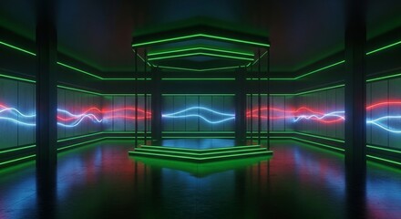 Futuristic Neon Cyberpunk Laboratory With Green Blue Red Lights And Wet Floor Reflections