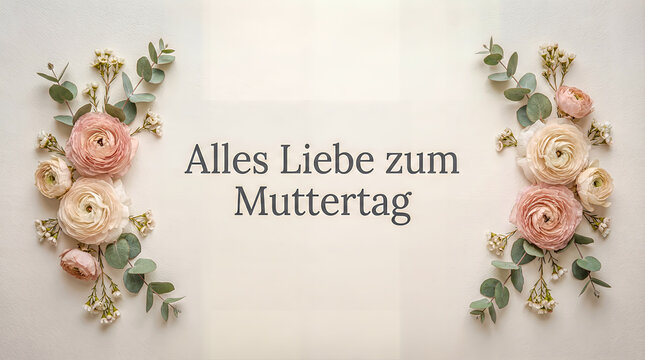 Wallpaper Mother's Day wallpaper with German style minimalist design, soft pastel flowers arranged symmetrically, palette, German text "Alles Liebe zum Muttertag".