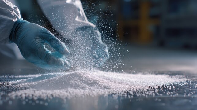 Laboratory worker pouring small white granules with blue gloves