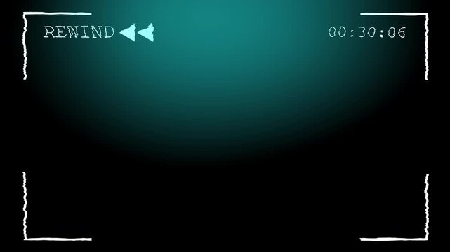 VHS rewind animation with blue light leak effect and distortion noise. Big rewind arrows and timecode, 4K alpha channel transparent background, seamless retro VCR overlay loop.