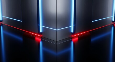 Futuristic Neon Light Architecture With Reflective Floor And Geometric Shapes In Dark Environment