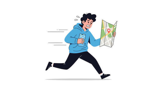 Worried young man running with map and smartphone, urgently navigating a location. Lost or late concept illustration.
