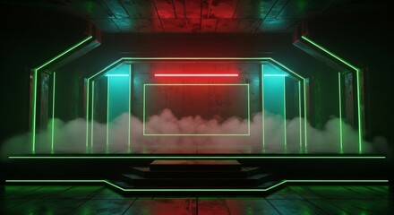 Futuristic Neon Lit Stage With Smoke And Red And Green Lights