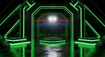 Futuristic Neon Octagonal Corridor With Wet Floor And Glowing Green Lights