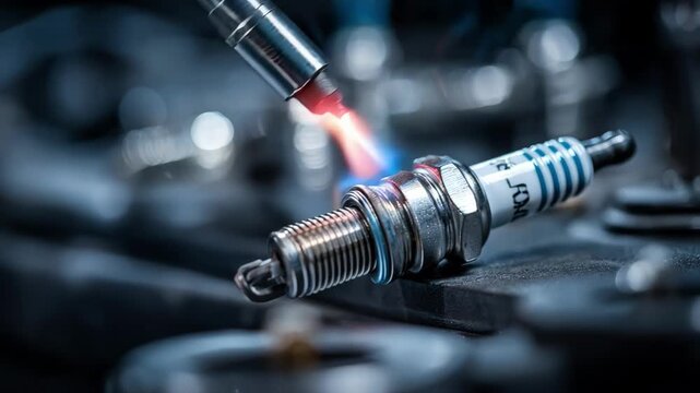 Garage scene showing detailed spark plug cleaning using specialized tools highlighting the process of maintaining vehicle ignition systems at home.