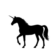 Obraz premium Unicorn silhouette illustration. Black mythical horse with horn isolated on white background. Fantasy creature vector design for logo, nursery decor, tattoo and print