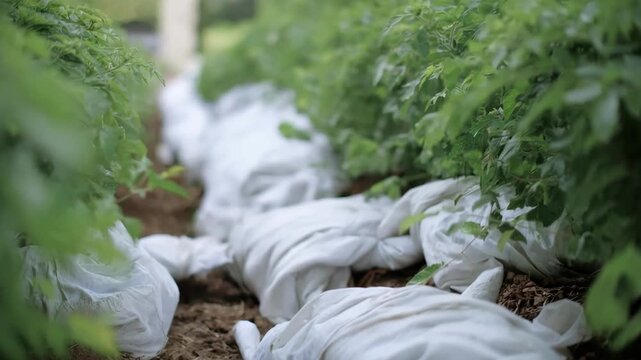Natural interment process captured in medium shot showing soft cotton shrouds gently enveloping the deceased in an earthfriendly setting.