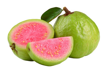 Fresh green guava fruit with pink flesh sliced on white background healthy food