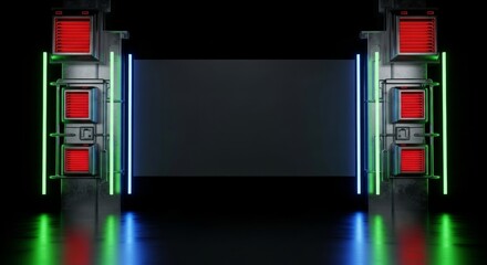 Futuristic SciFi Portal Entrance With Red Blue Green Neon Lights And Dark Center Screen